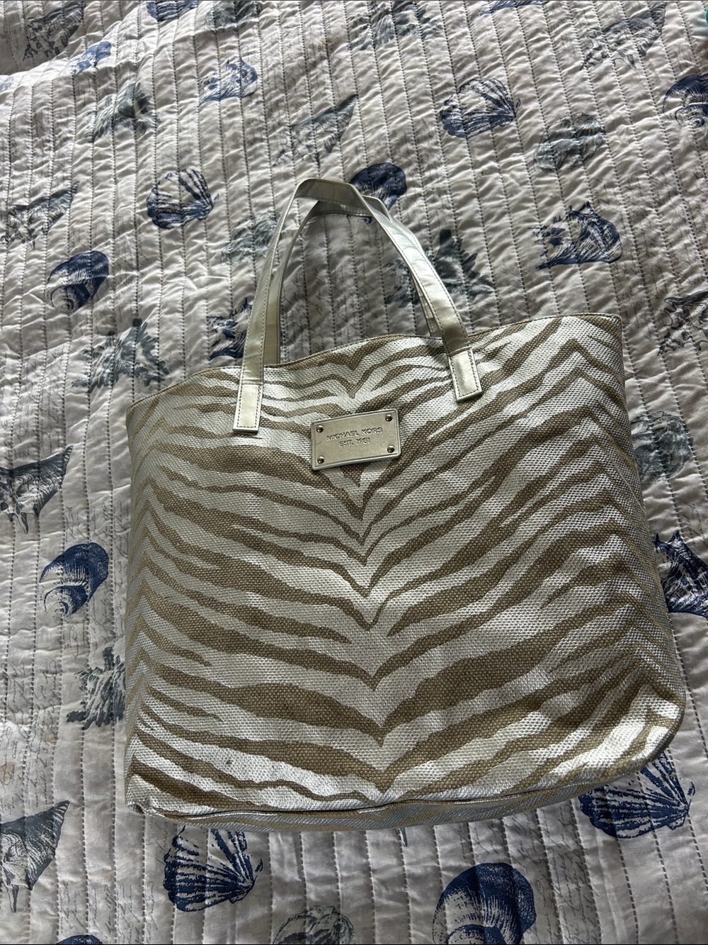Michael Kors Metallic Zebra-Stripe Tote - Silver and Beige